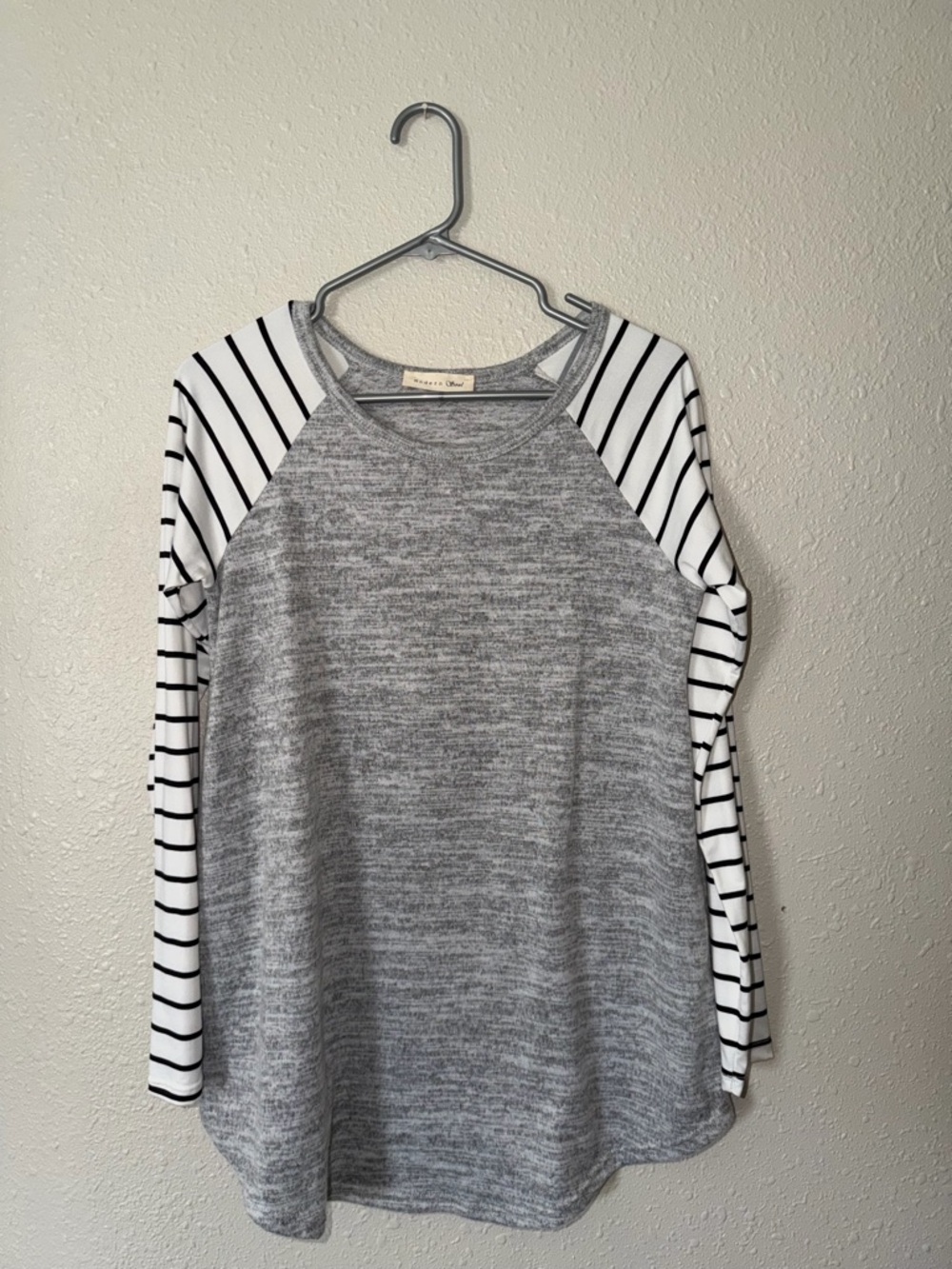 Modern Soul Gray Heather Top with Black & White Striped Sleeves